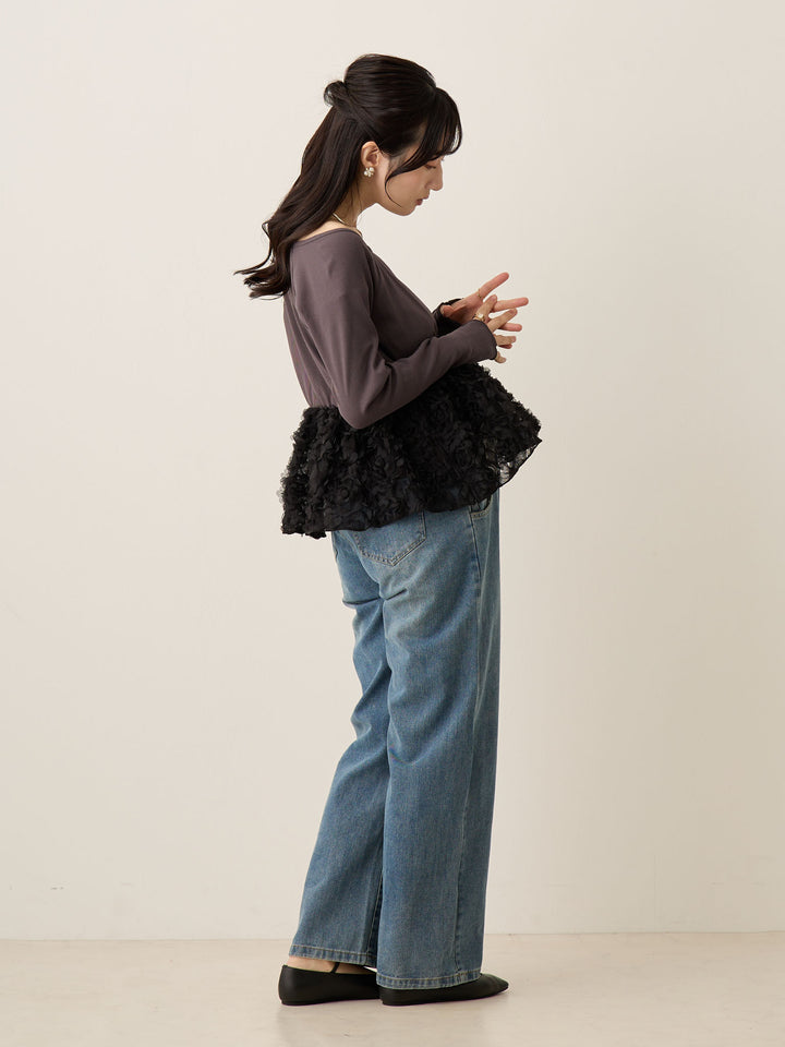 炭灰色薄纱荷叶边上衣