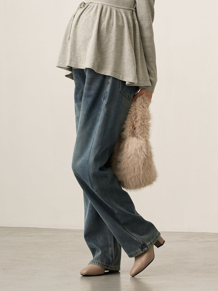 裏ボアストレートデニムパンツ Dark blue
