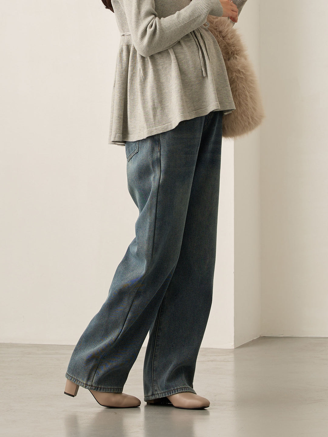 裏ボアストレートデニムパンツ Dark blue