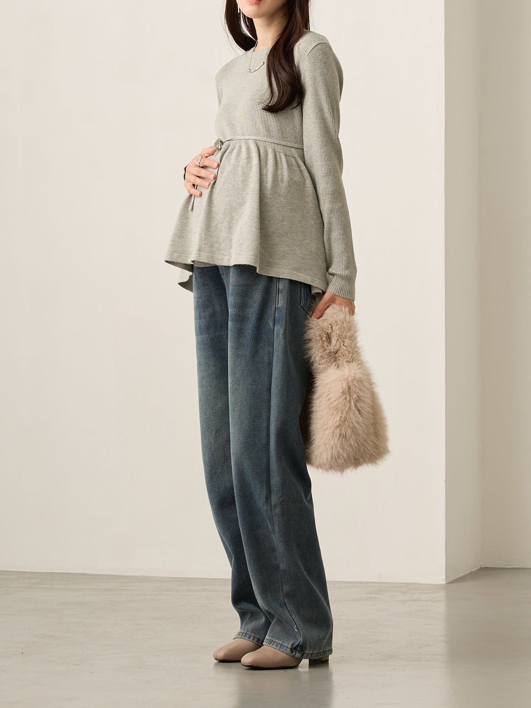 裏ボアストレートデニムパンツ Dark blue