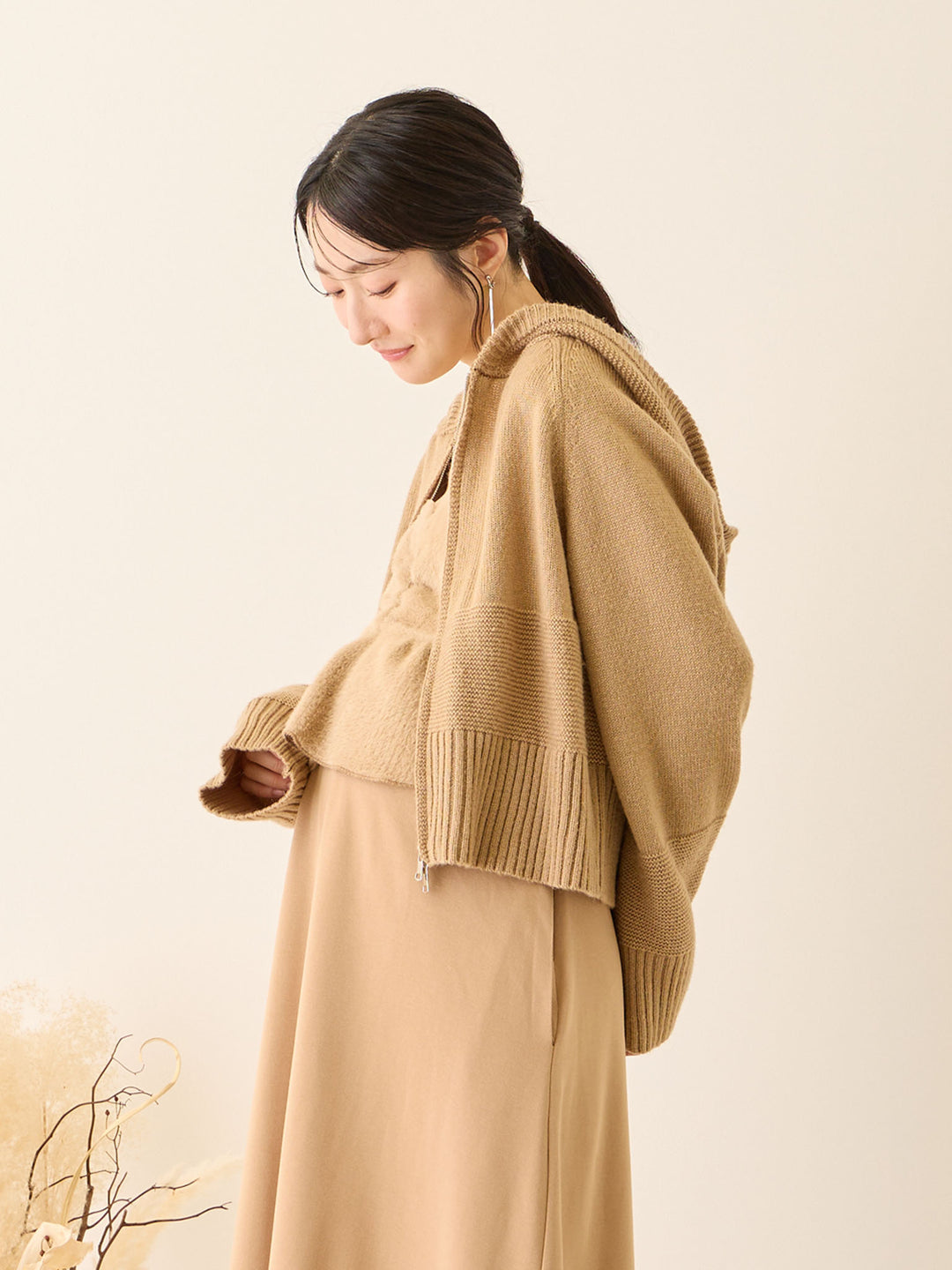双拉链针织开衫 米色
