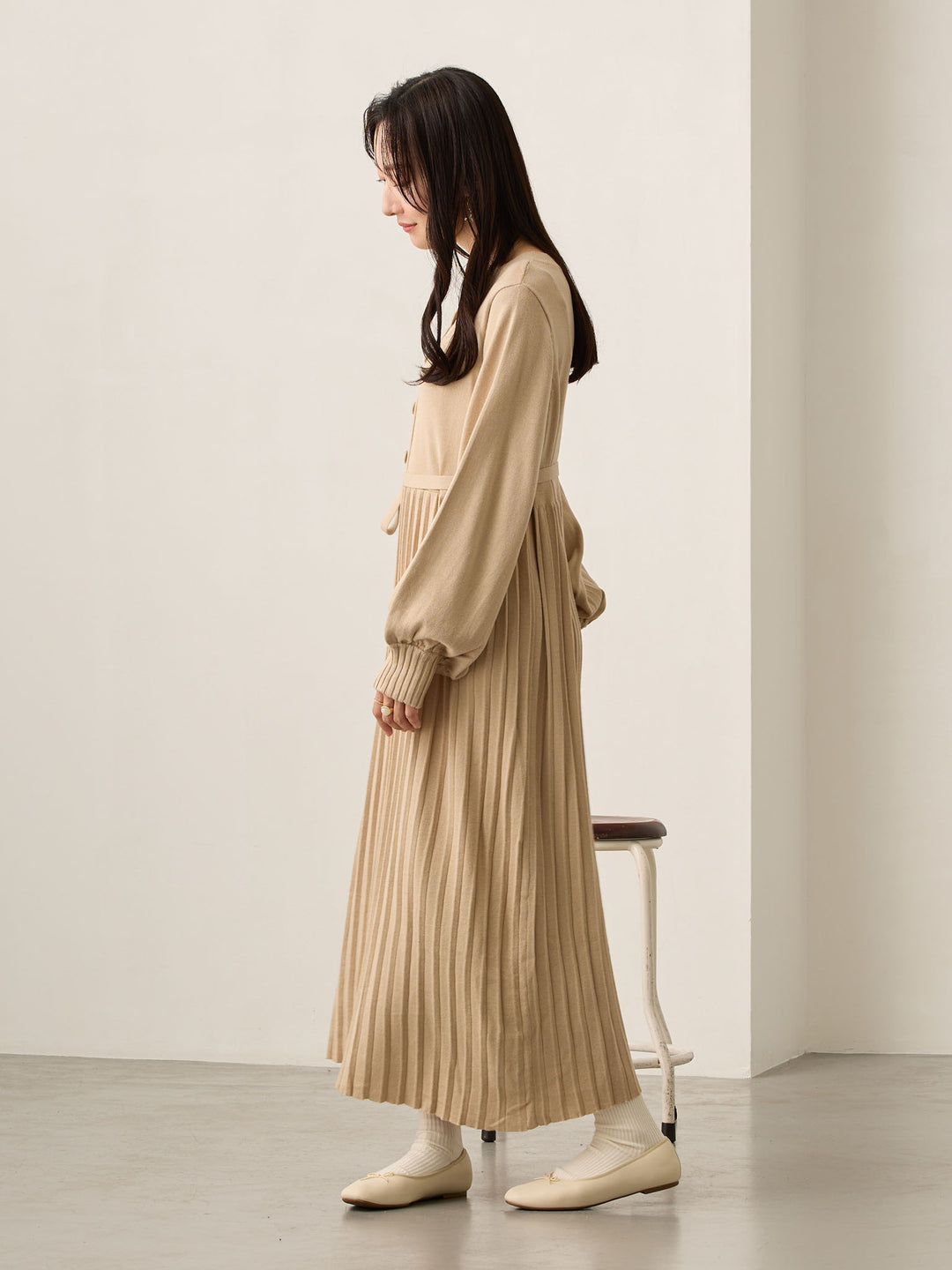 ニットプリーツワンピース Beige
