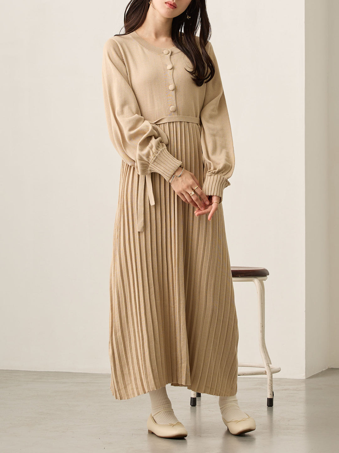 ニットプリーツワンピース Beige