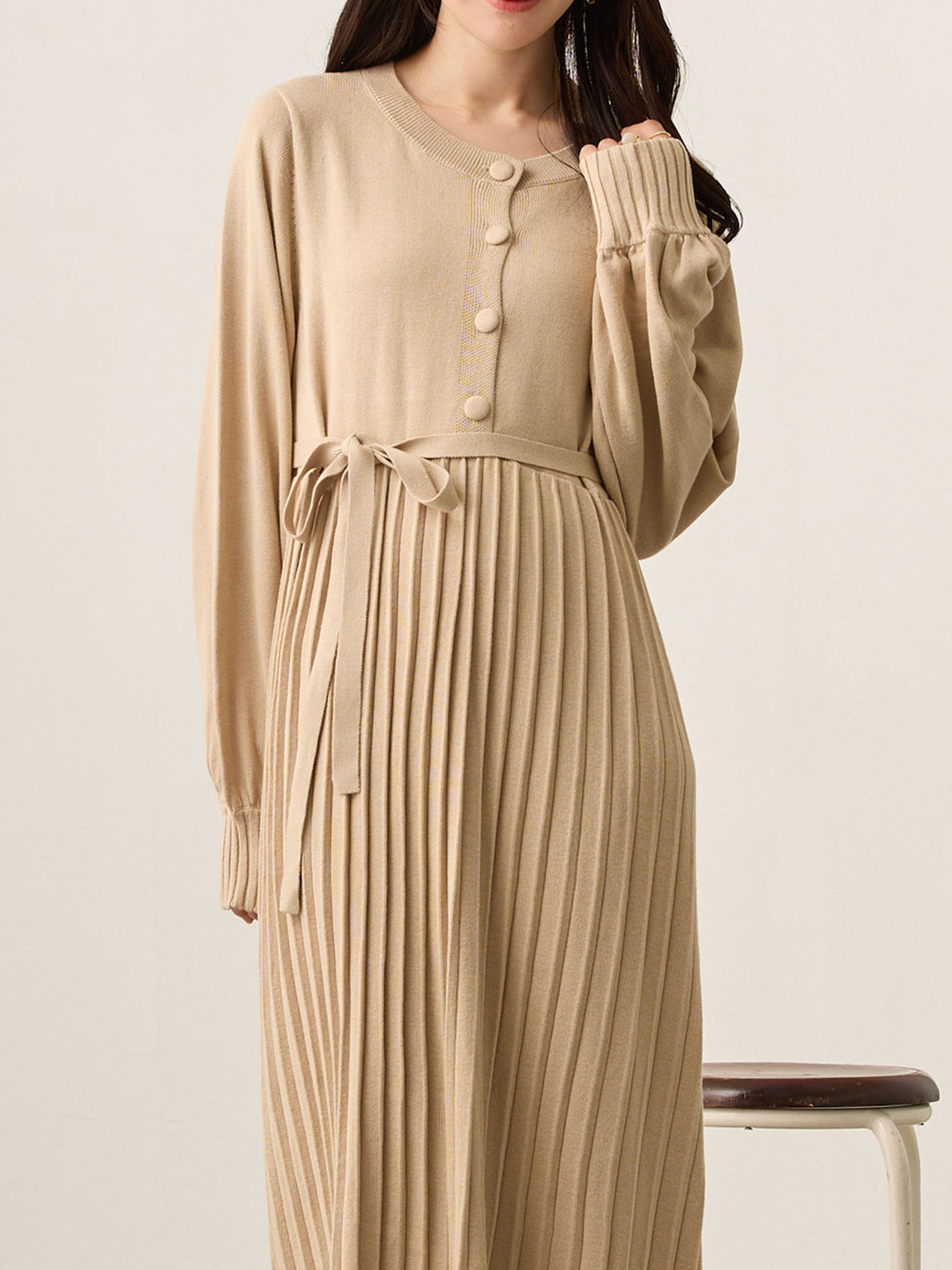 ニットプリーツワンピース Beige