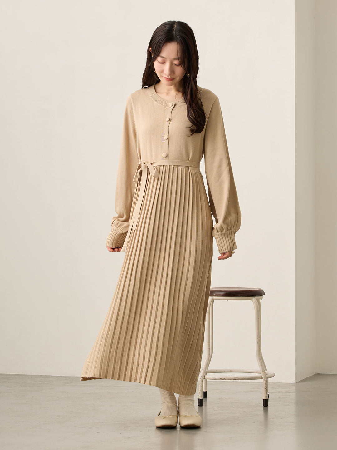 ニットプリーツワンピース Beige