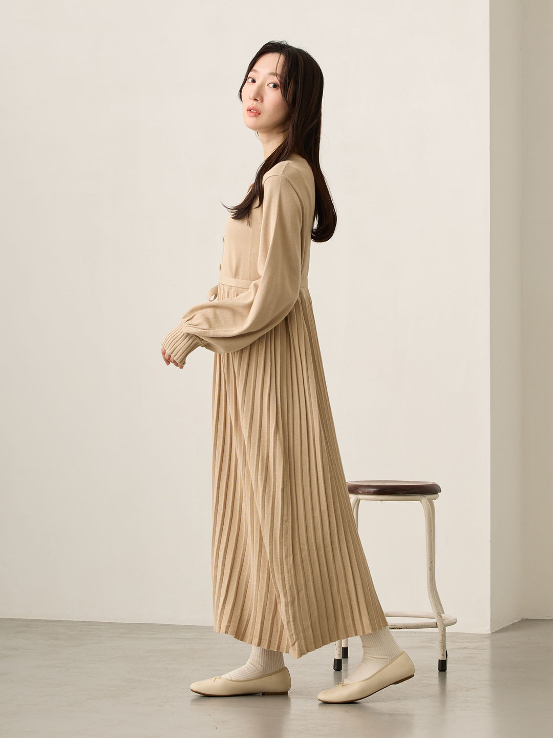 ニットプリーツワンピース Beige