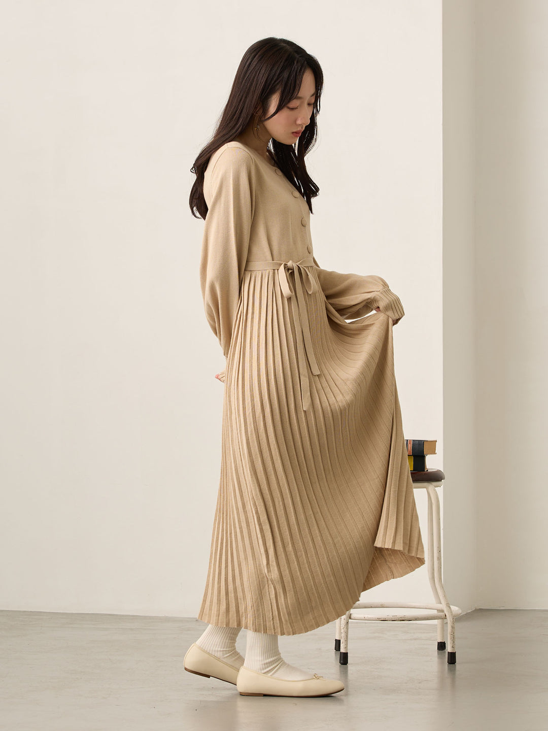 ニットプリーツワンピース Beige