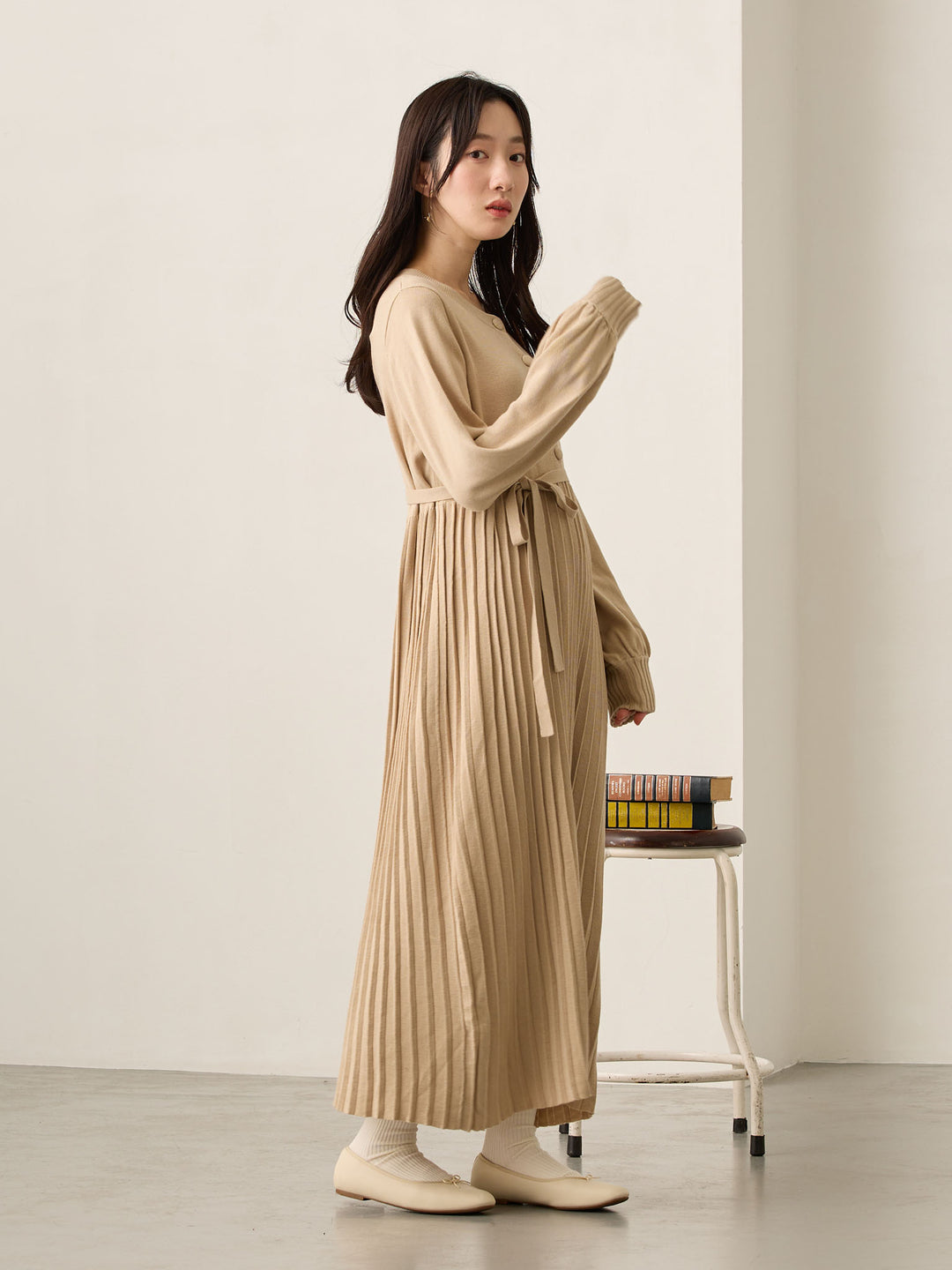 ニットプリーツワンピース Beige