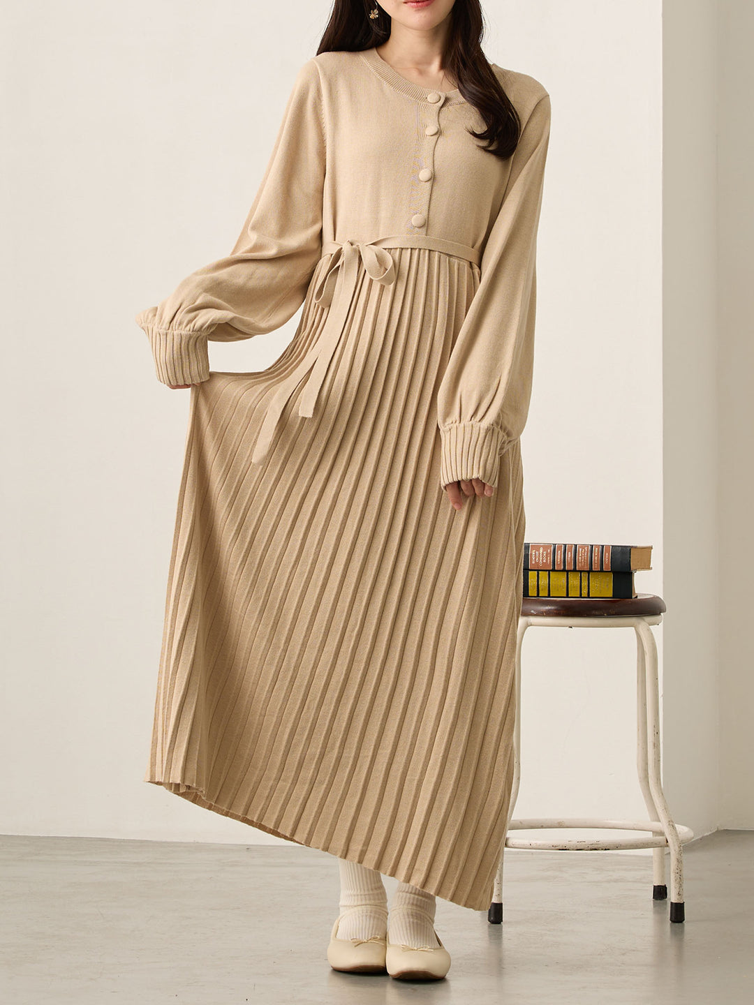 ニットプリーツワンピース Beige