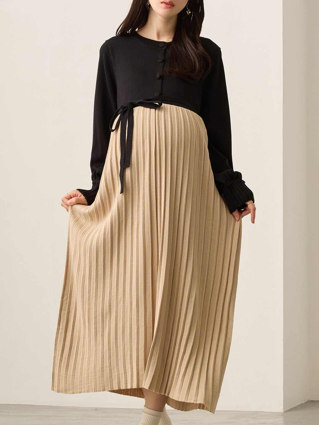 ニットプリーツワンピース Black