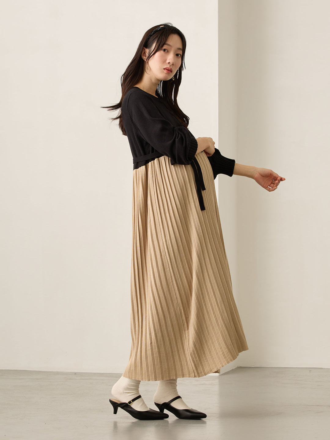 ニットプリーツワンピース Black