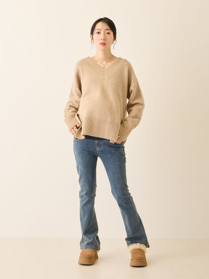 Vネックゆるニットトップス Beige