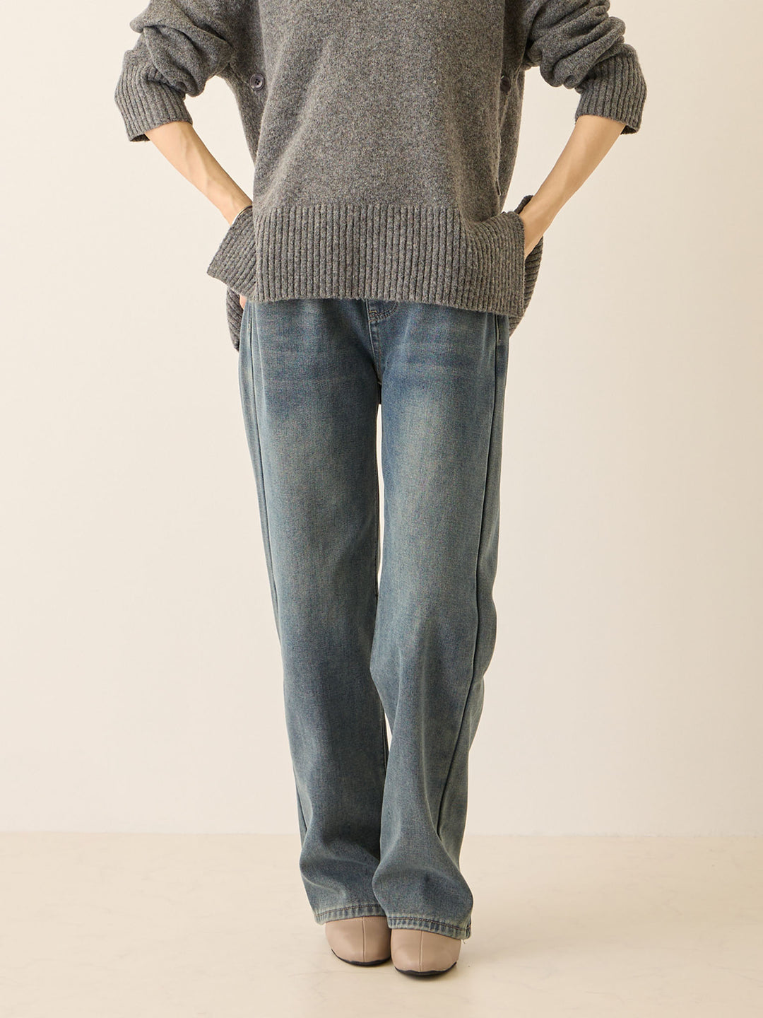 裏ボアストレートデニムパンツ Dark blue