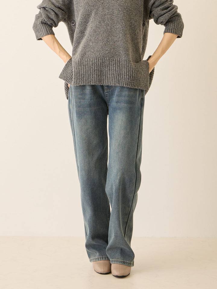 裏ボアストレートデニムパンツ Dark blue