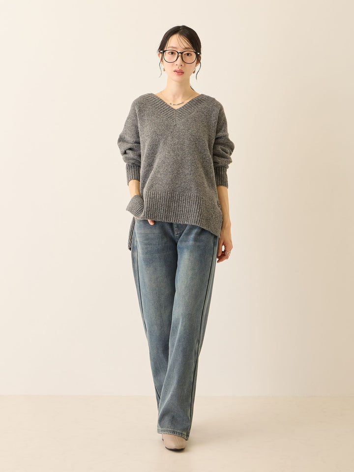 Vネックゆるニットトップス Gray