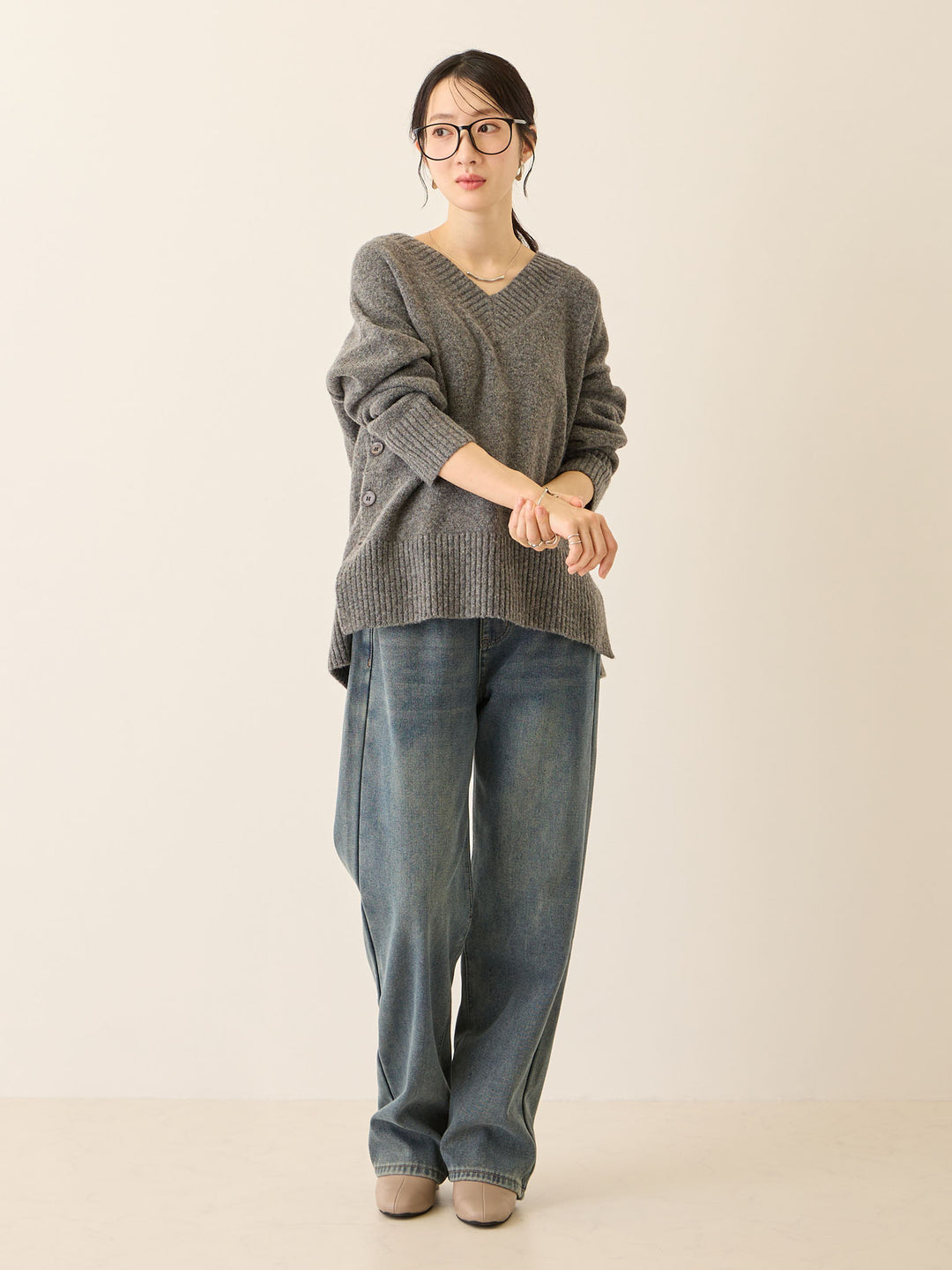 裏ボアストレートデニムパンツ Dark blue