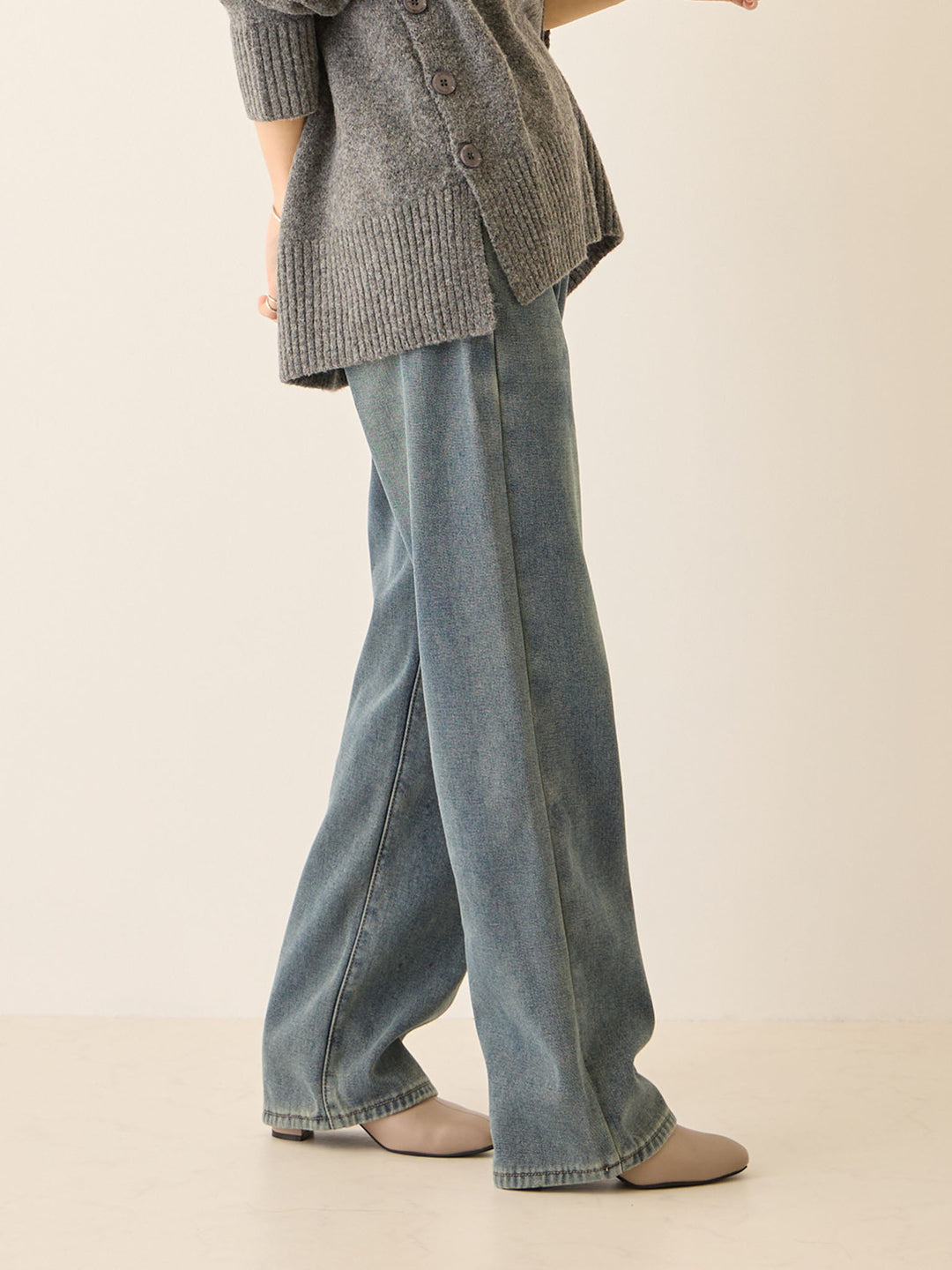 裏ボアストレートデニムパンツ Dark blue