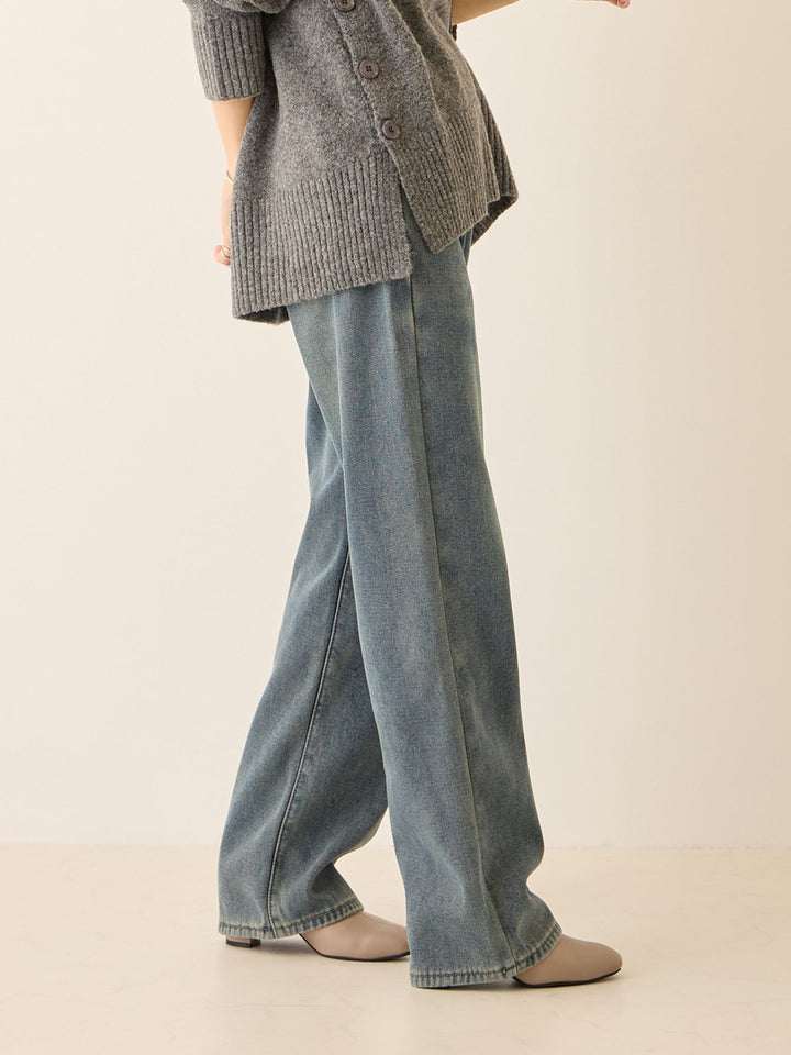 裏ボアストレートデニムパンツ Dark blue