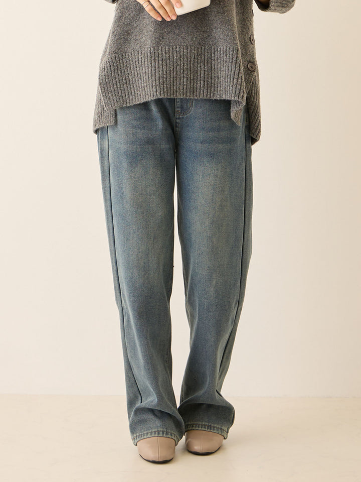 裏ボアストレートデニムパンツ Dark blue