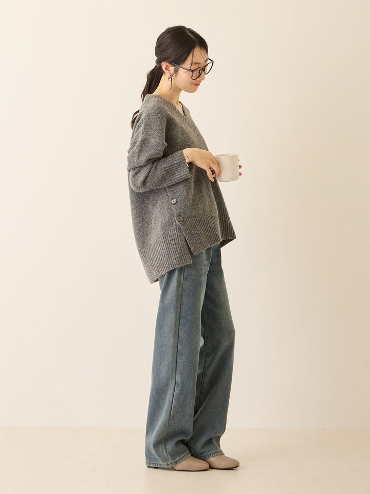 裏ボアストレートデニムパンツ Dark blue