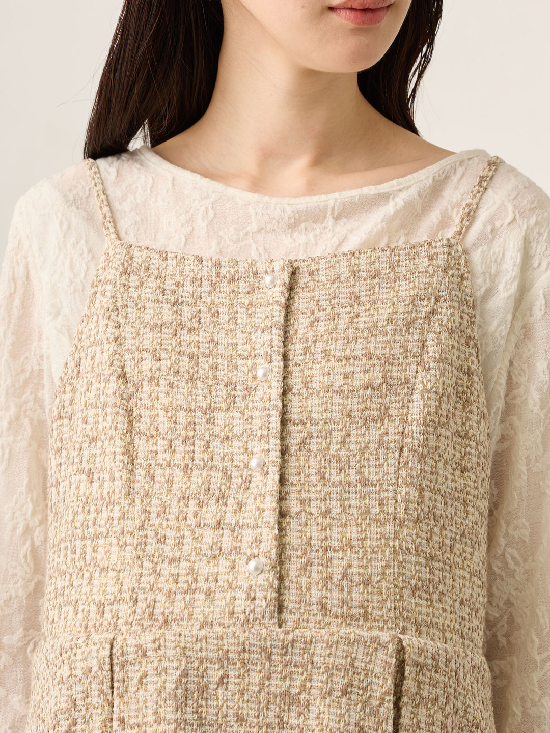 粗花呢吊带连衣裙，米色