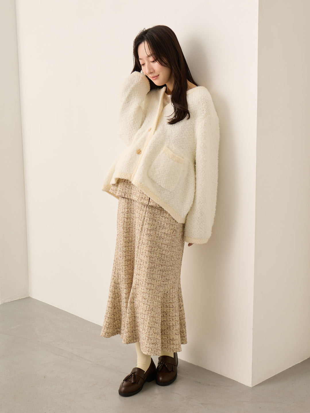 粗花呢吊带连衣裙，米色