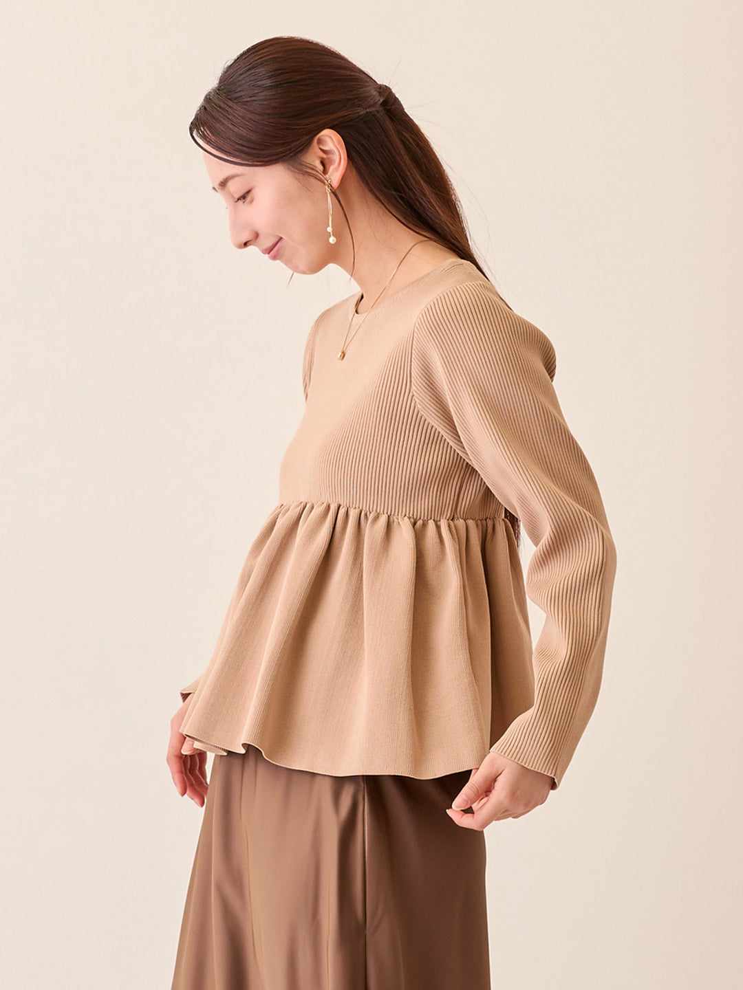 ペプラムニットトップス Pink beige