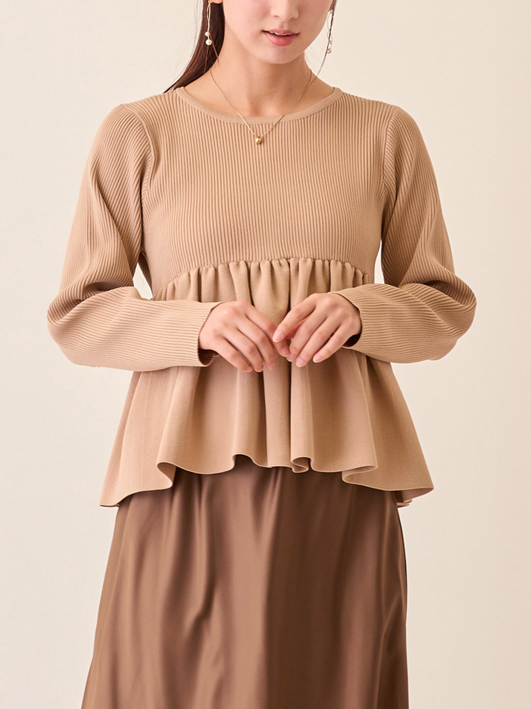 ペプラムニットトップス Pink beige