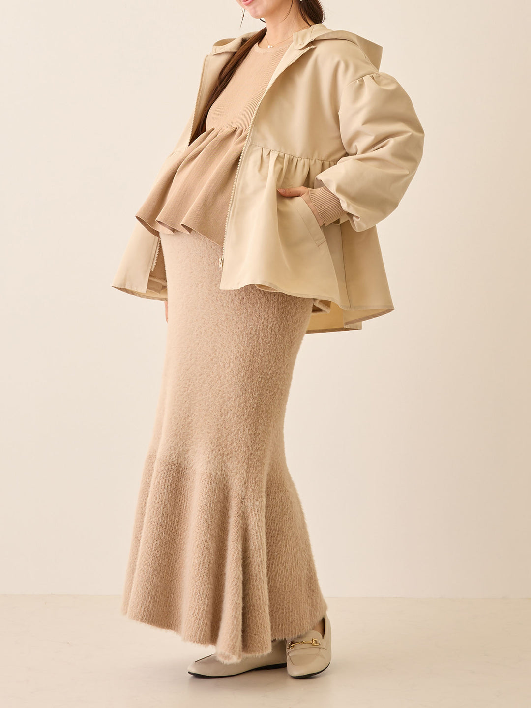 フード付きペプラムライトアウター Beige