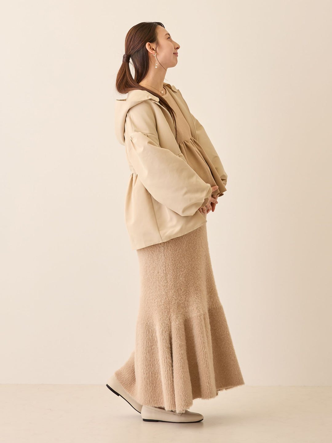 フード付きペプラムライトアウター Beige