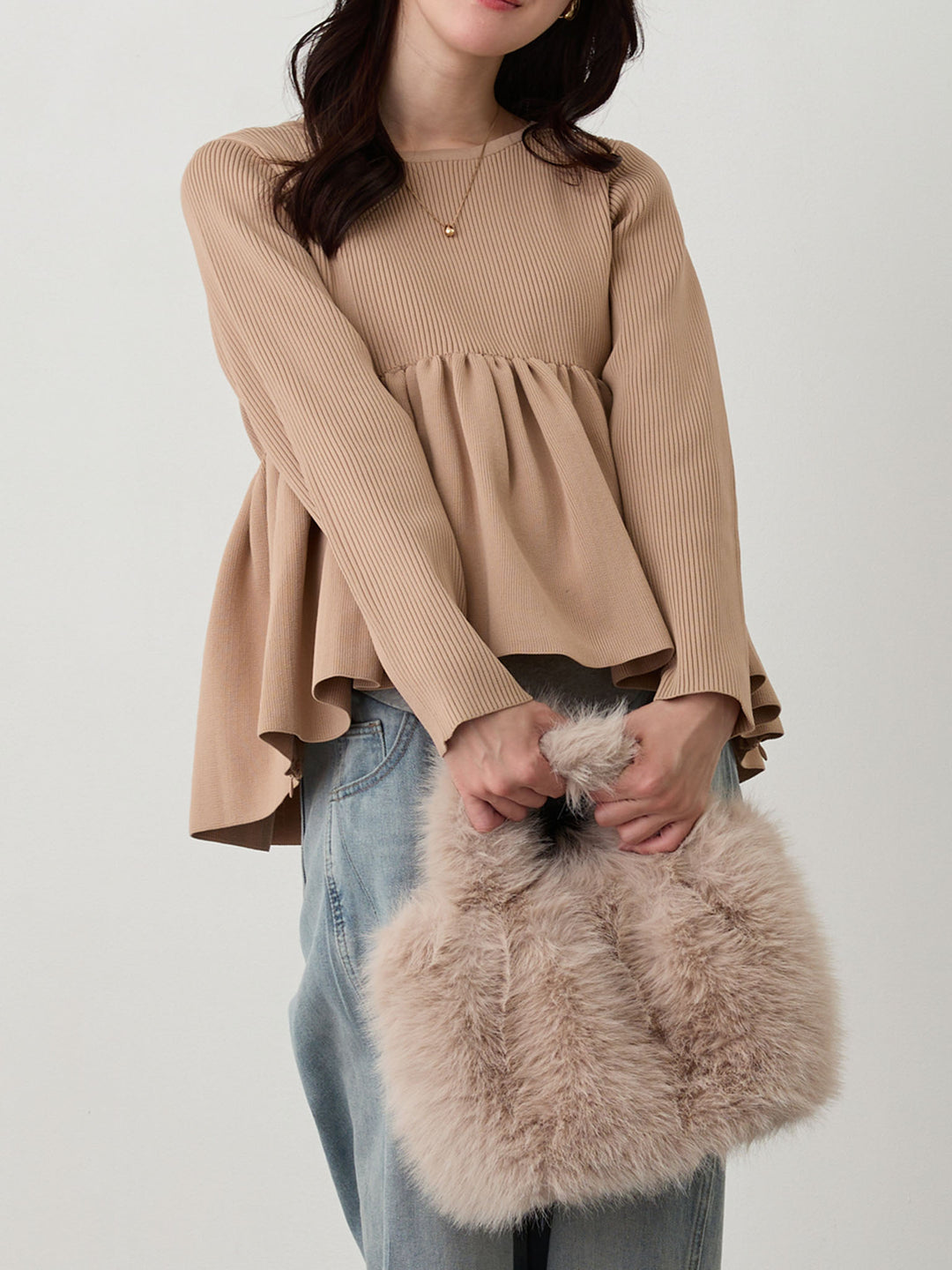 ペプラムニットトップス Pink beige
