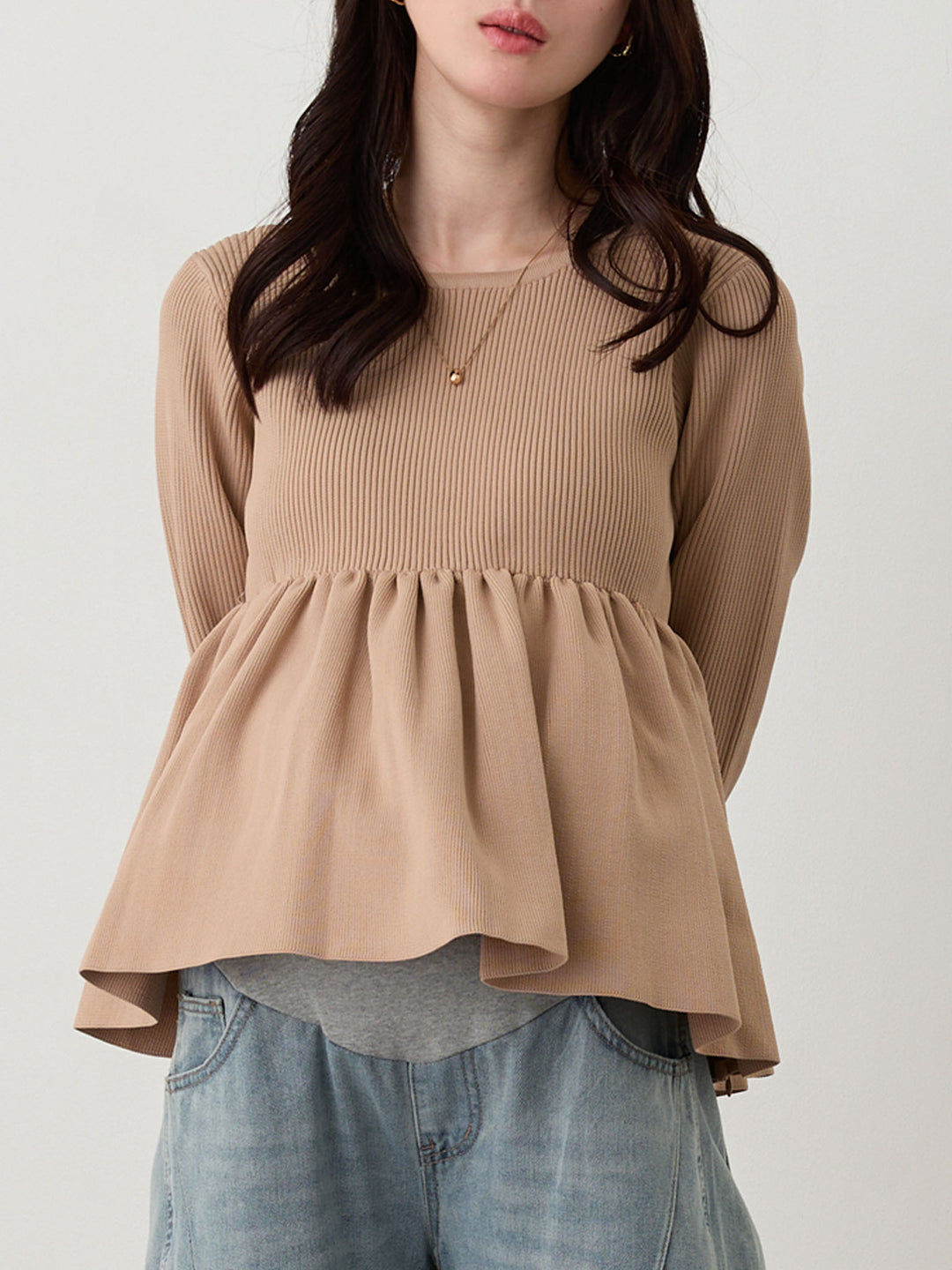 ペプラムニットトップス Pink beige