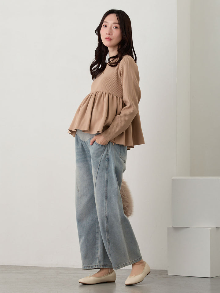ペプラムニットトップス Pink beige