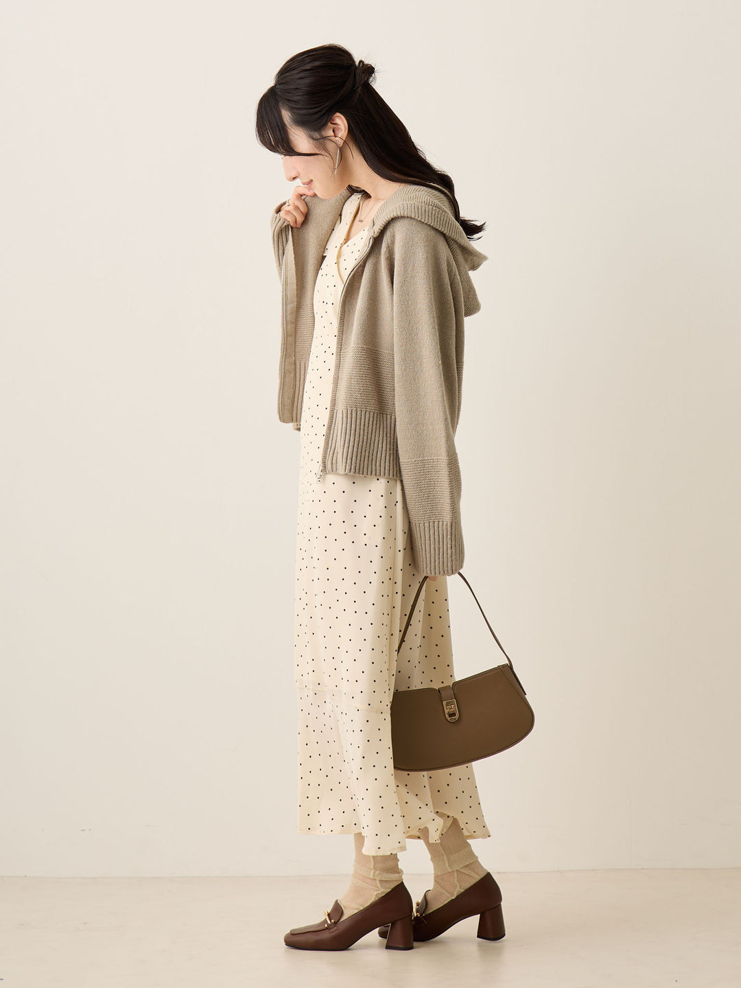 双拉链针织开衫灰色