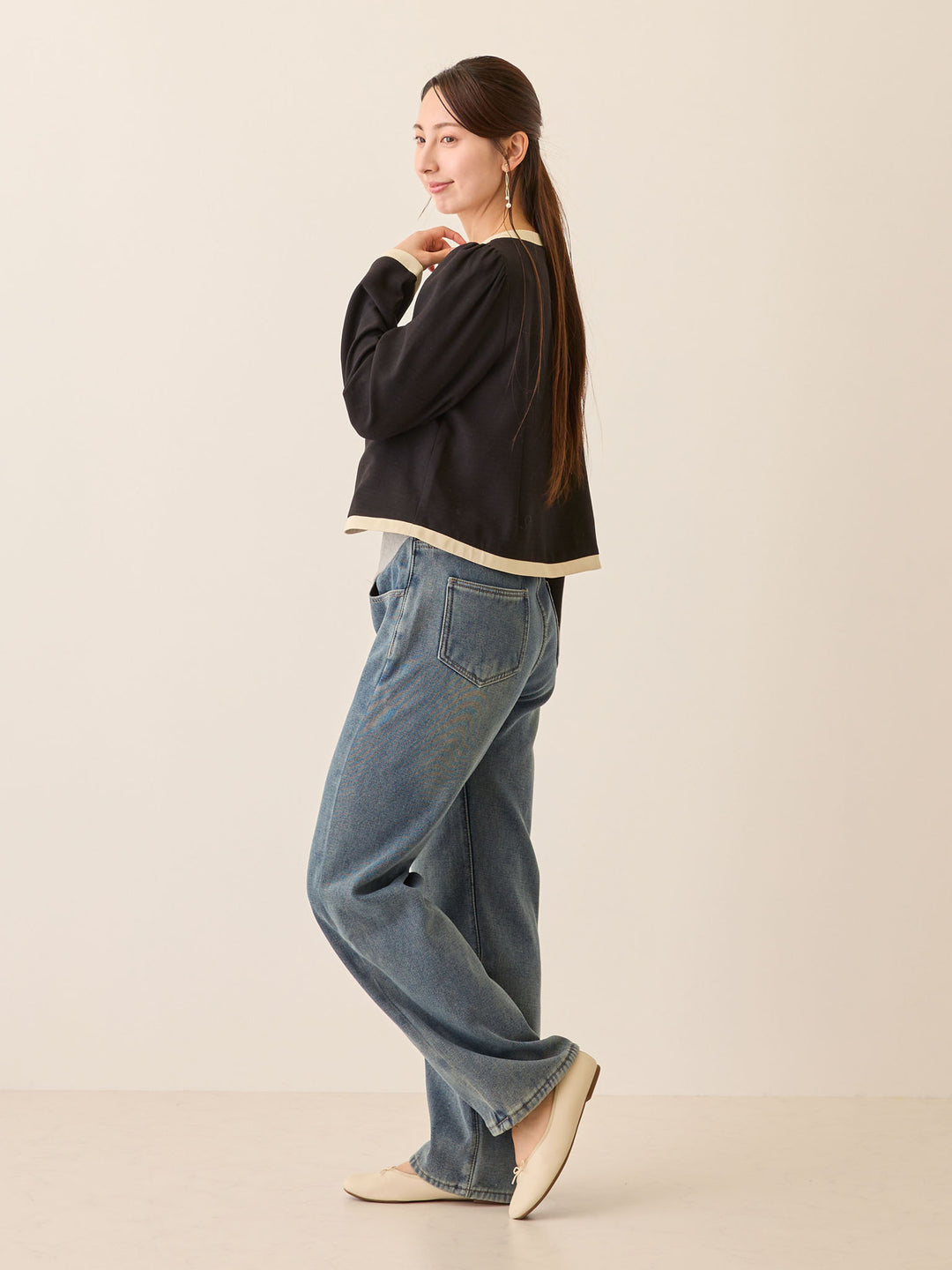 裏ボアストレートデニムパンツ Dark blue