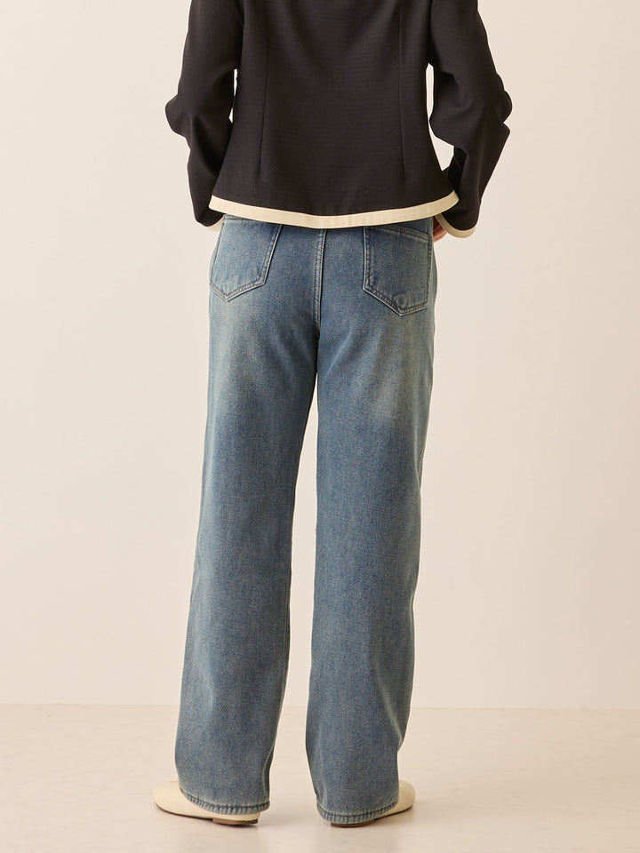 裏ボアストレートデニムパンツ Dark blue