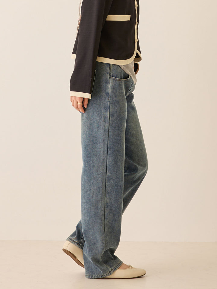 裏ボアストレートデニムパンツ Dark blue