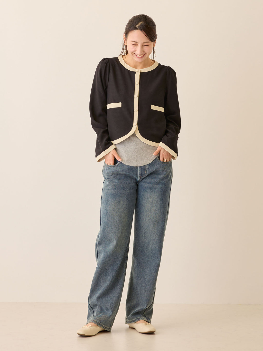 裏ボアストレートデニムパンツ Dark blue