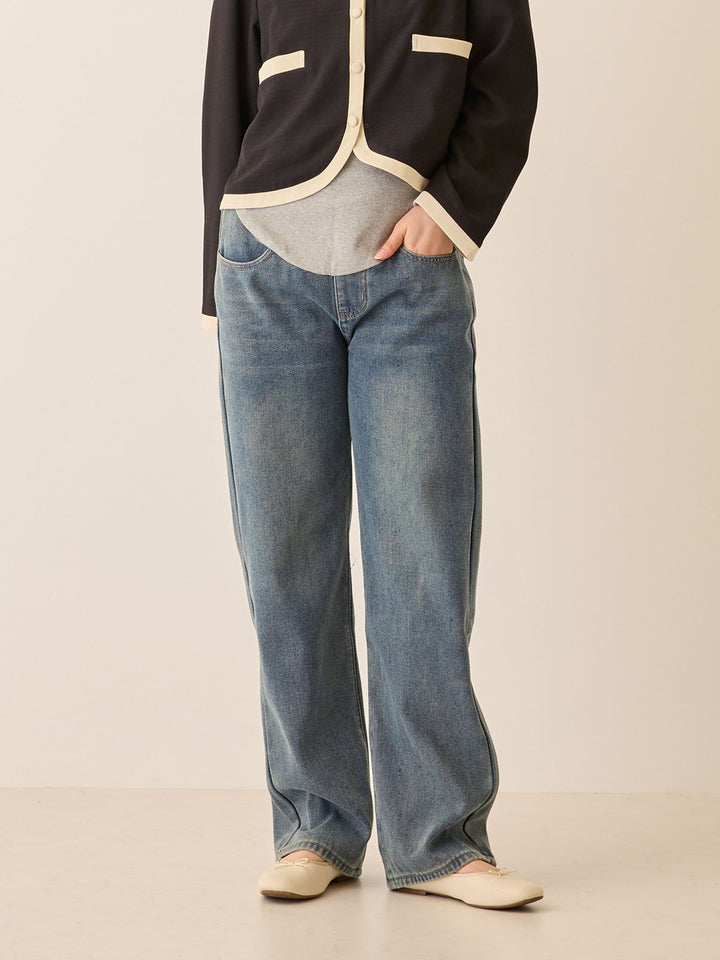 裏ボアストレートデニムパンツ Dark blue