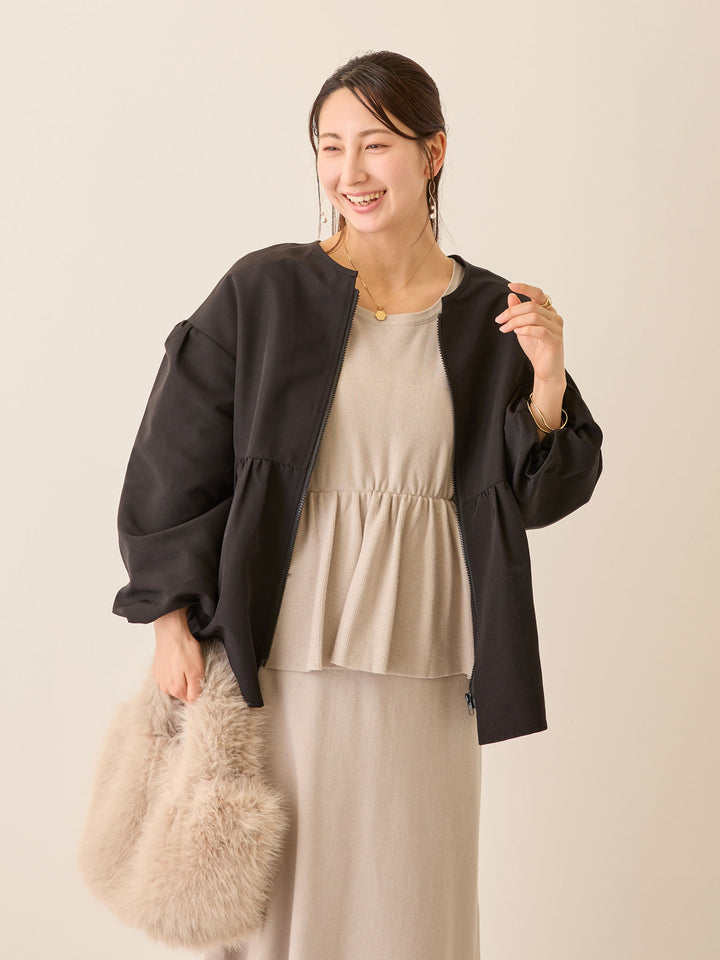 フード付きペプラムライトアウター Black