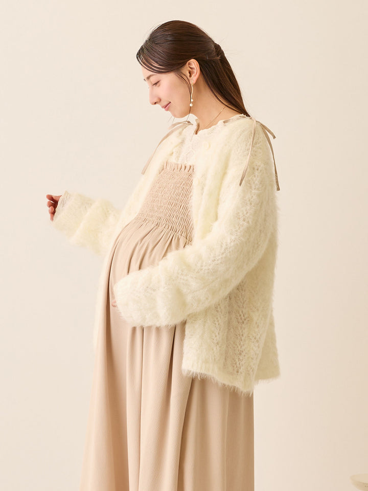 リボン付きニットカーデ White