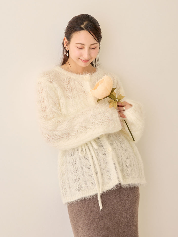 リボン付きニットカーデ White