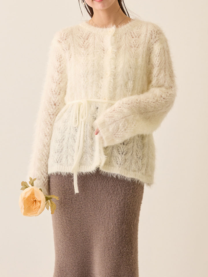 リボン付きニットカーデ White