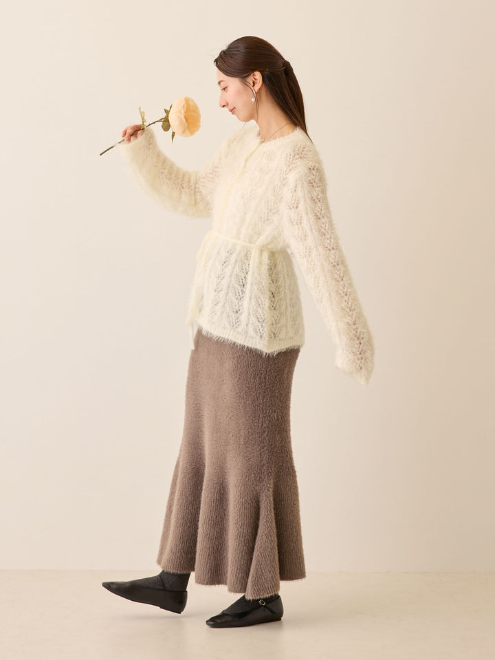 リボン付きニットカーデ White