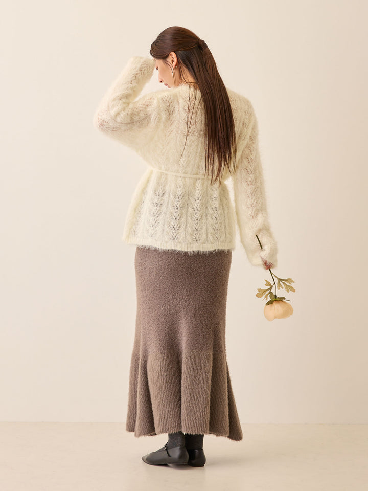 リボン付きニットカーデ White