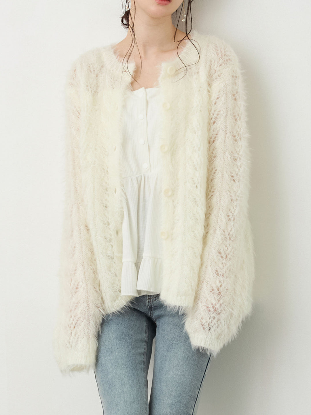 リボン付きニットカーデ White