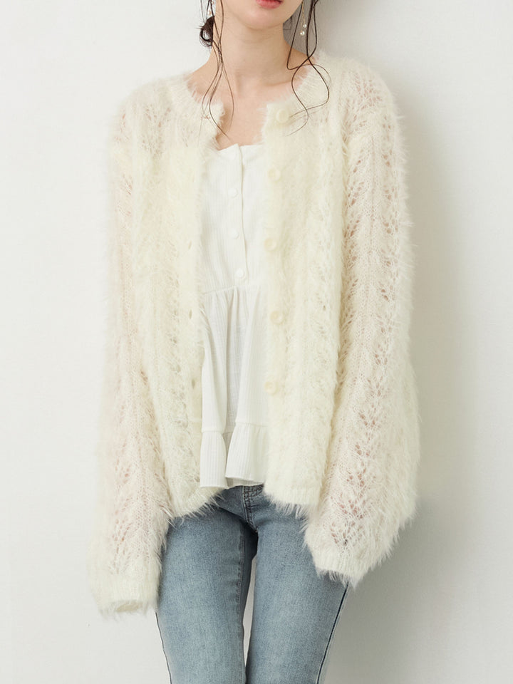 リボン付きニットカーデ White