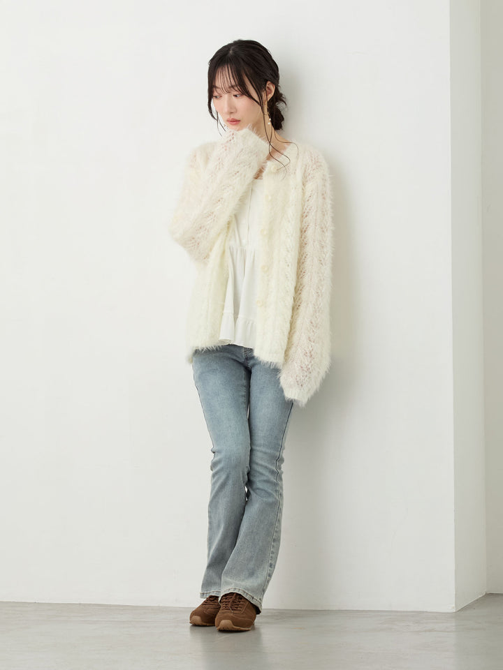 リボン付きニットカーデ White