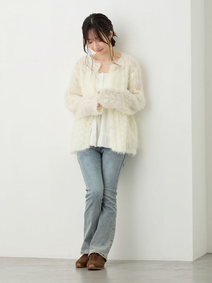 リボン付きニットカーデ White