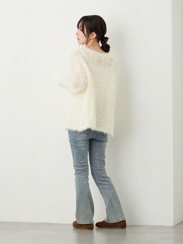 リボン付きニットカーデ White